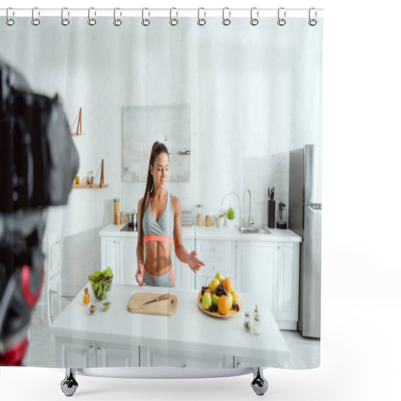 Personality  Selective Focus Of Happy Video Blogger Pointing With Finger At Fruits  Shower Curtains