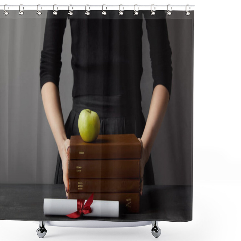 Personality  Cropped View Of Woman Holding Brown Books And Green Apple Near Diploma On Grey Shower Curtains