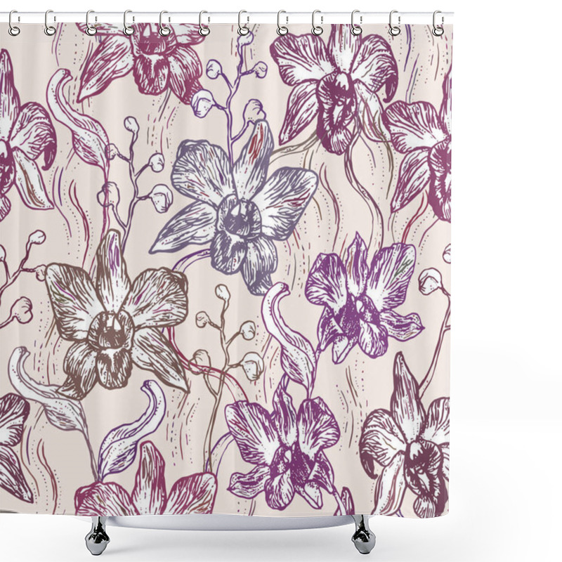 Personality  Beautiful Orchid. Hand Drawn Set On Pink Background Brown Purple Contour Sketch Seamless Pattern, Card Banner Design. Vector Illustration Shower Curtains