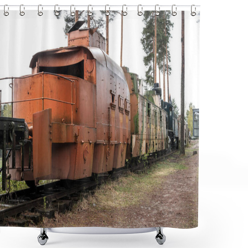 Personality  Parola, Finland - May 2, 2019: Tank Museum In The City Of Parola. Armored Train. Guns In Combat Readiness Shower Curtains