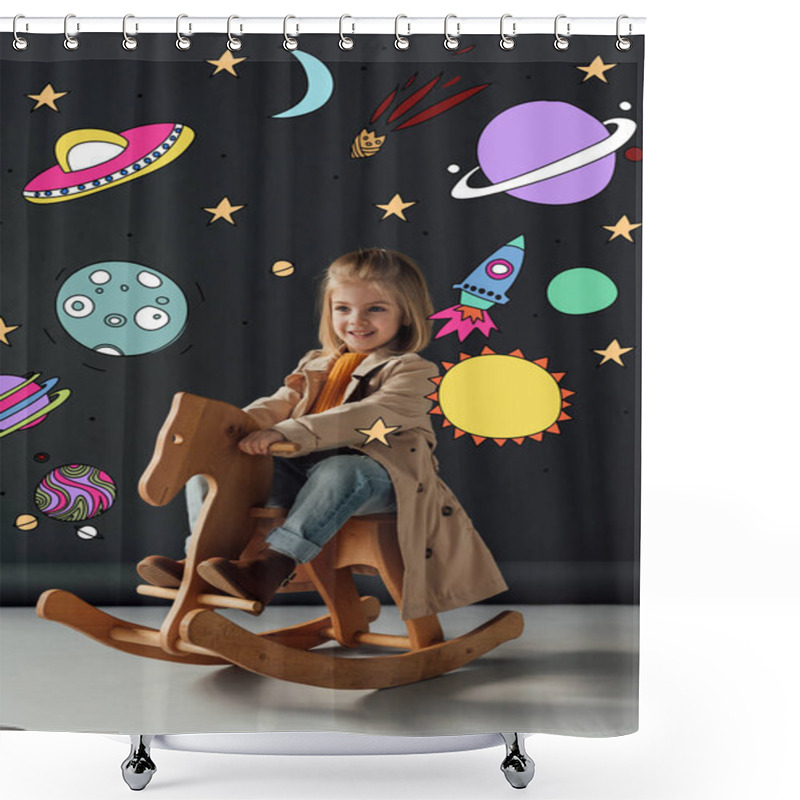 Personality  Happy Child In Trench Coat And Jeans Sitting On Rocking Horse On Black Background With Fairy Cosmic Illustration Shower Curtains