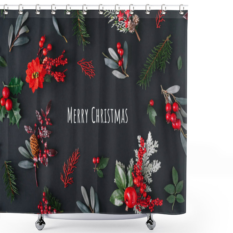 Personality  Creative Background Of Natural Winter Things With Text Merry Christmas  Shower Curtains