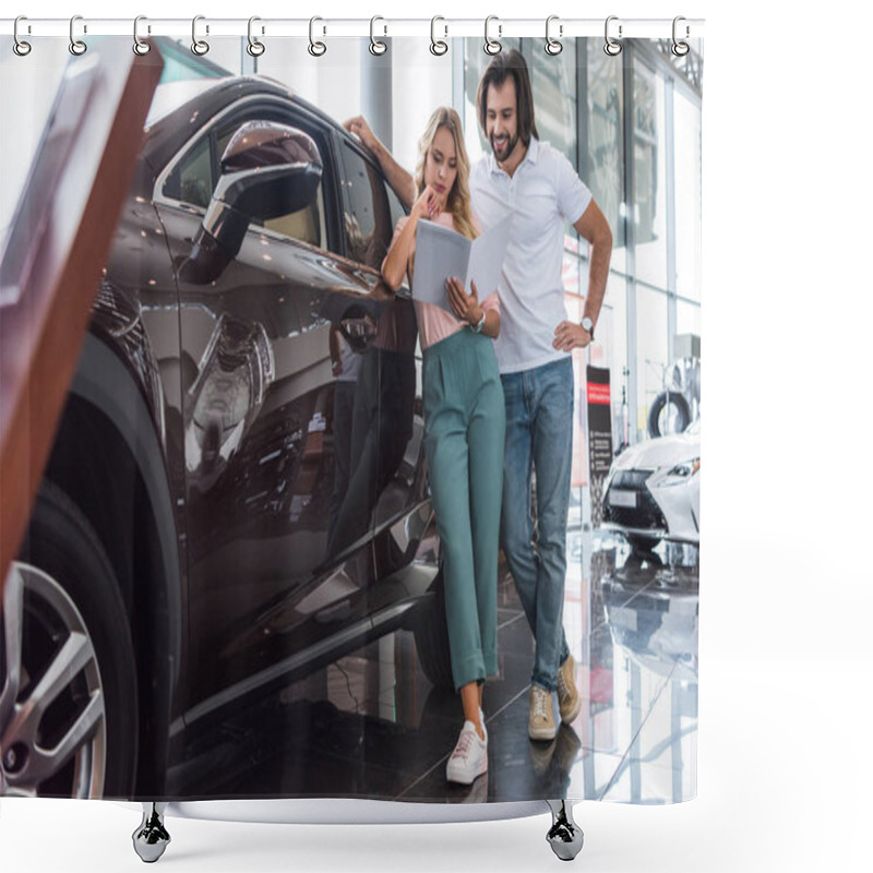 Personality  Couple With Catalog Buying Car At Dealership Salon Shower Curtains