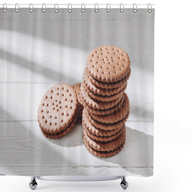 Personality  Close-up Shot Of Delicious Chocolate Cookies On White Wooden Tabletop Shower Curtains