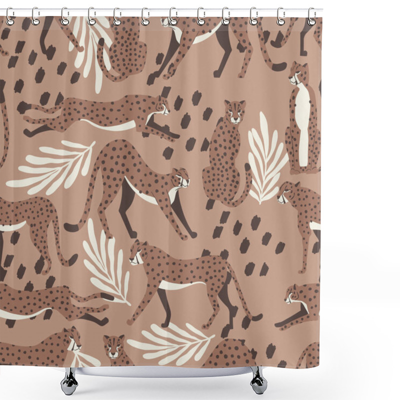 Personality  Cheetah Big Cat Exotic Seamless Pattern - Mocha Mousse - Tropical Plants - Hand Drawn Vector Illustration Shower Curtains