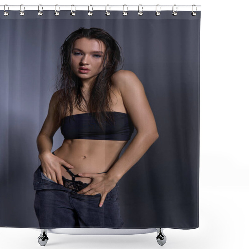 Personality  Young Woman In Wet Hair And Stylish Black Bikini Striking A Pose. Shower Curtains