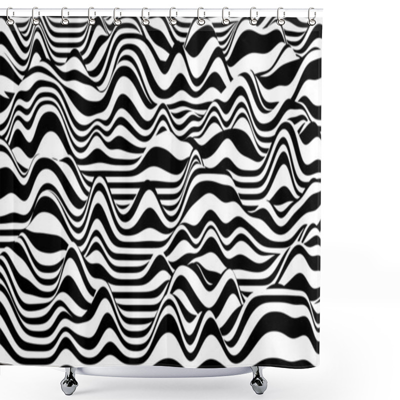 Personality  Trendy 3D Black And White Stripes Distorted Backdrop. Procedural Ripple Background With Optical Illusion Effect Shower Curtains