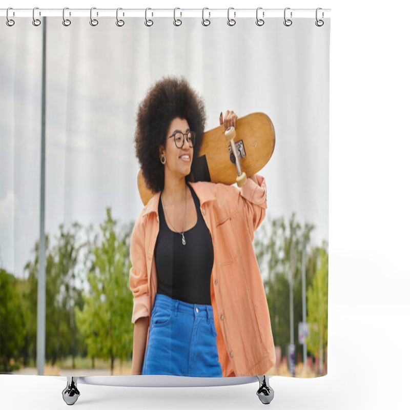 Personality  A Young African American Woman With Curly Hair Holds A Skateboard Up To Her Face In A Skate Park. Shower Curtains