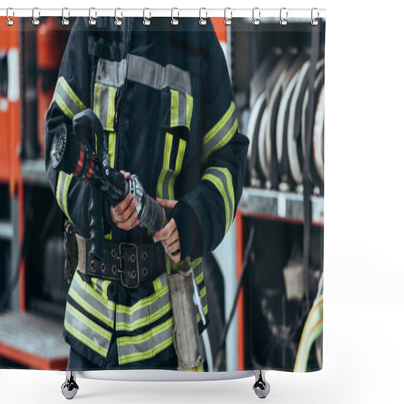 Personality  Cropped Shot Of Firefighter In Protective Uniform Holding Water Hose In Hands Shower Curtains