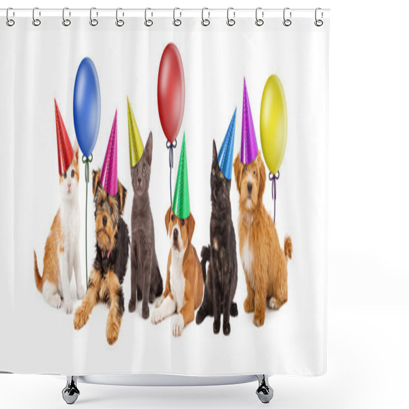 Personality  Puppies And Kittens In Party Hats With Balloons Shower Curtains