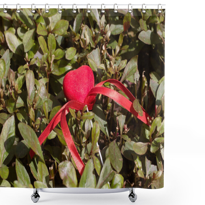 Personality  Red Velvet Heart With A Satin Ribbon Resting Among Green Foliage, Symbolizing Love And Nature. Perfect For Valentines Day, Romance, Or Eco-friendly Love Concepts. Shower Curtains