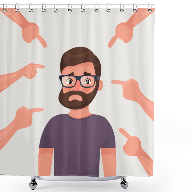 Personality  Sad, Depressed, Ashamed Man Surrounded By Hands Pointing Him Out With Fingers. Social Disapproval Blame And Accusation Concept. Flat Style Character Vector Illustration Shower Curtains