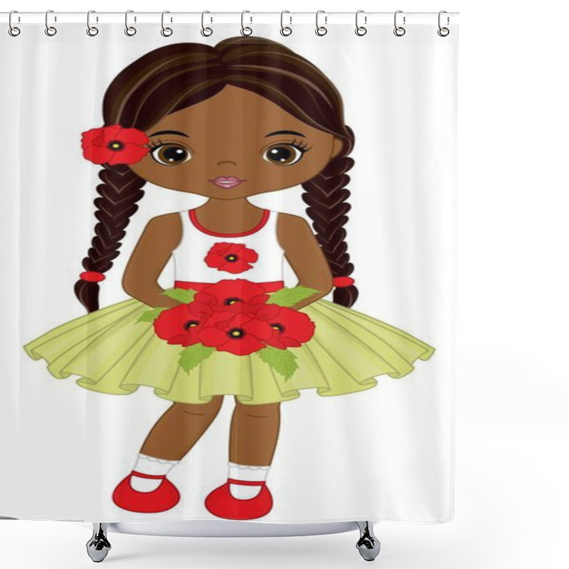 Personality  Beautiful Cute African American Girl Holding Bouquet Of Red Poppies. Vector Black Girl With Poppies Shower Curtains