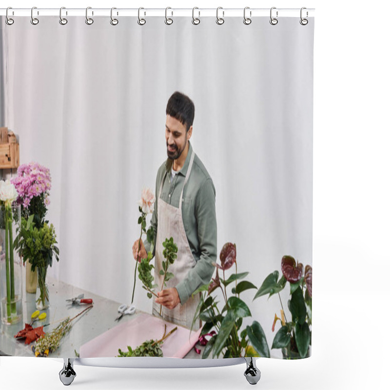 Personality  A Skilled Florist Prepares Beautiful Flowers With Care In His Charming Shop. Shower Curtains