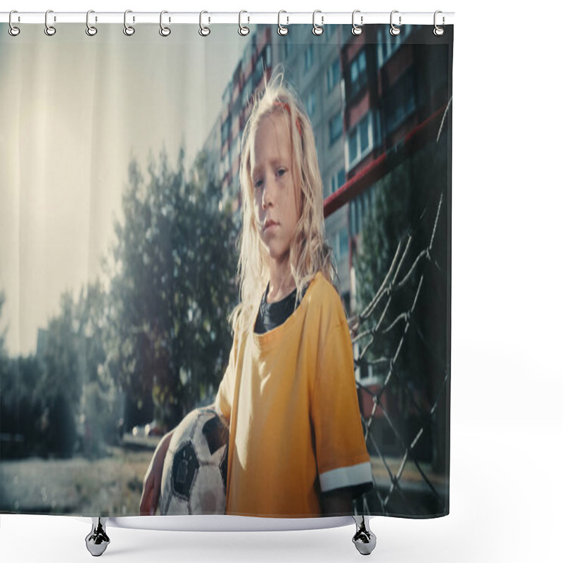 Personality  Talented Girl Playing Soccer With Neighborhood Boys. Young Football Player In Yellow T-Shirt Holding A Soccer Ball In The Neighborhood, Standing Next Shower Curtains