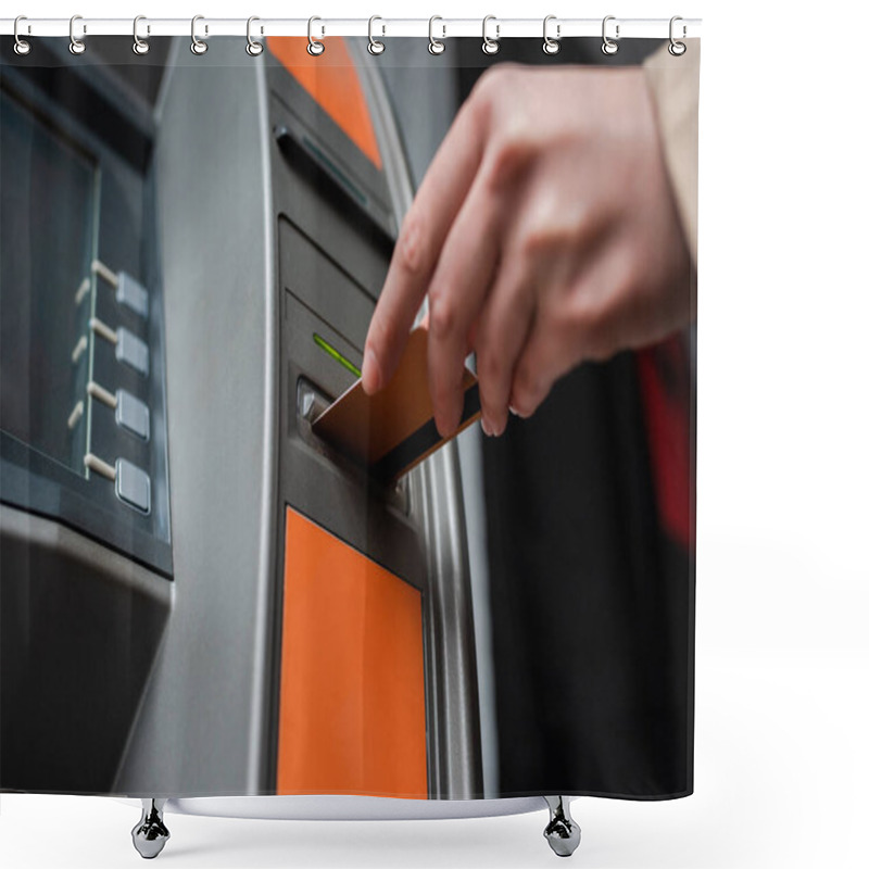 Personality  Cropped View Of Woman Holding Credit Card While Using Atm  Shower Curtains