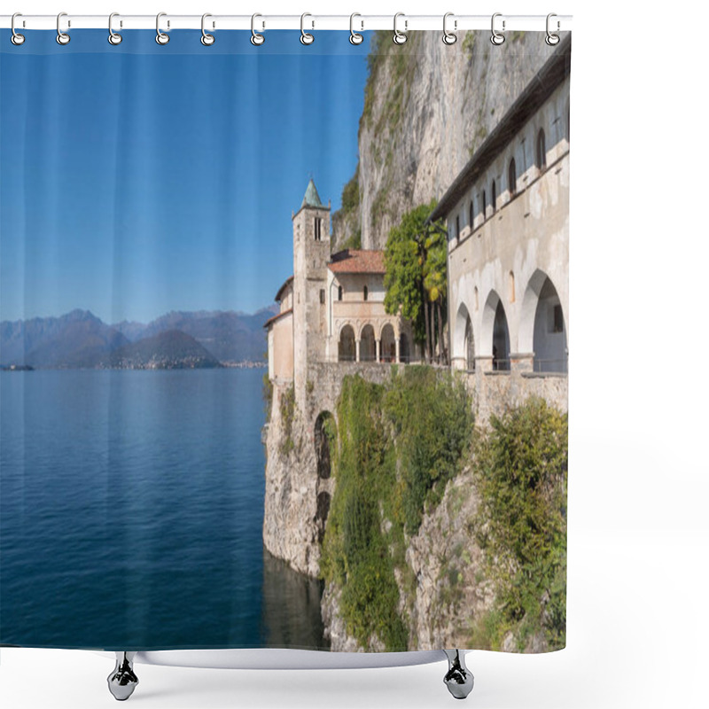 Personality  Leggiuno, Italy - October 26, 2019: Monastery Of Santa Caterina Del Sasso And Lake Maggiore, Province Of Varese, Lombardy Region, Northern Italy Shower Curtains