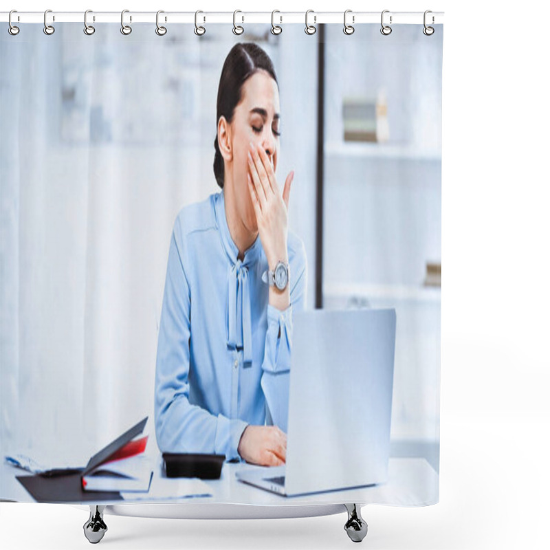 Personality  Tired Businesswoman Covering Mouth While Yawning Near Laptop Shower Curtains