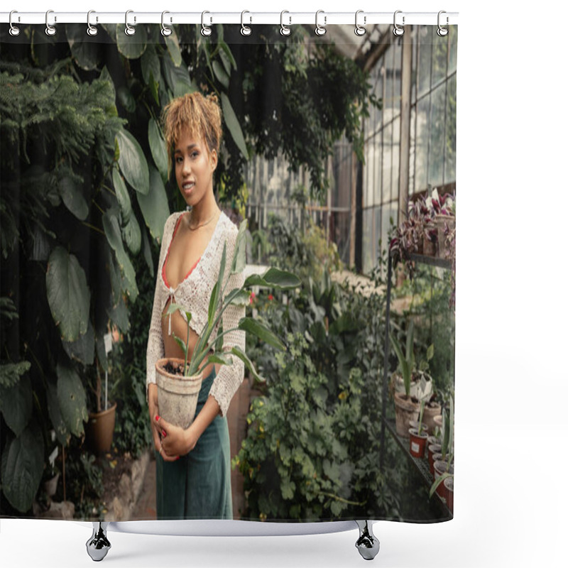 Personality  Smiling Young African American Woman In Summer Outfit Holding Potted Plant And Looking At Camera While Standing In Indoor Garden At Background, Stylish Lady Surrounded By Lush Greenery, Summer Shower Curtains