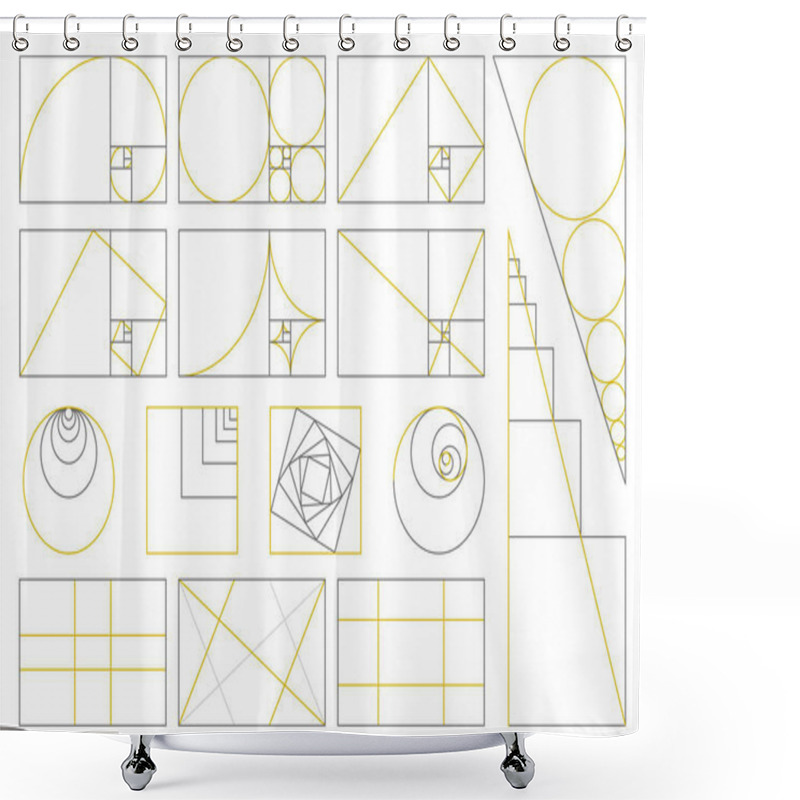 Personality  Golden Ratio, Divine Proportions, Golden Fibonacci Numbers Spiral. Golden Proportion Fibonacci Array Vector Illustration Set. Sacred Geometry Proportion Signs Shower Curtains