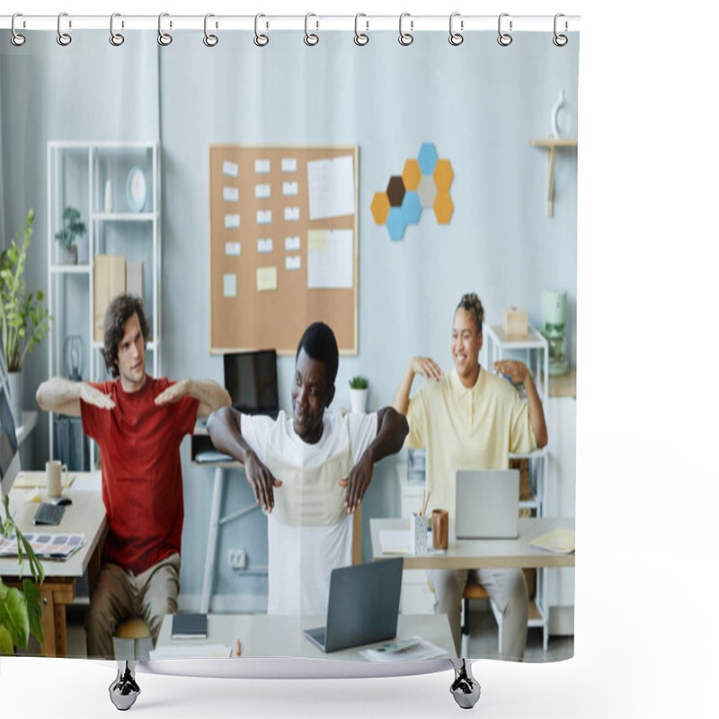 Personality  Diverse Group Of Smiling Young People Stretching Muscles As Fun Warm Up At Office Workplace Shower Curtains