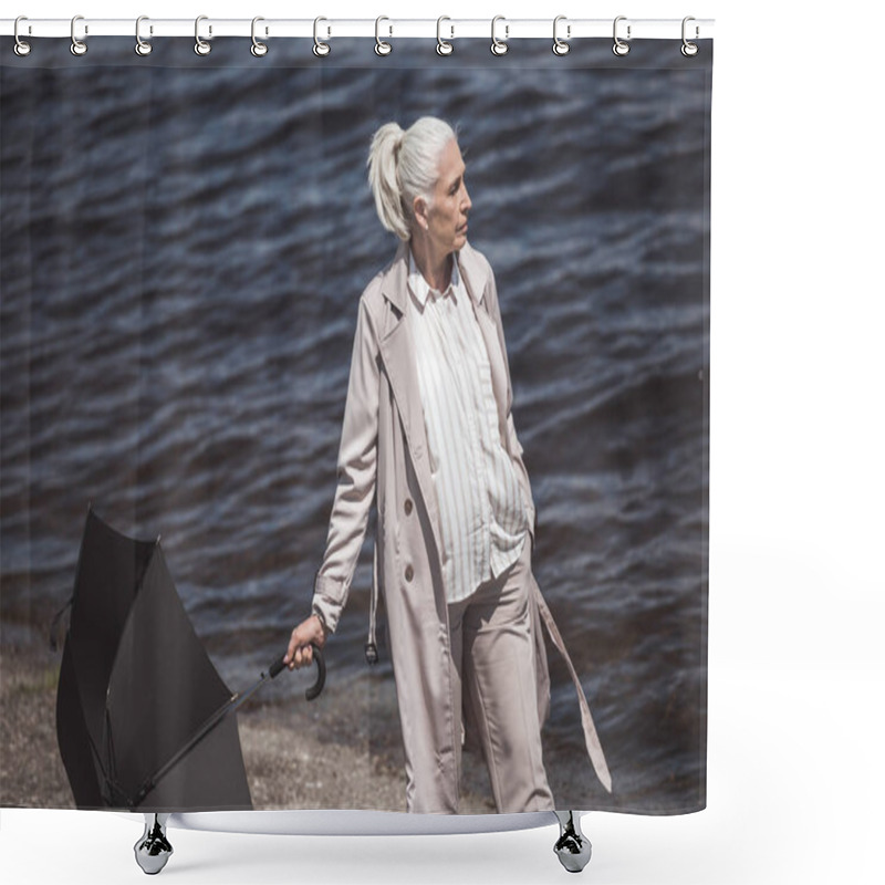 Personality  Woman Walking With Umbrella On River Shore Shower Curtains