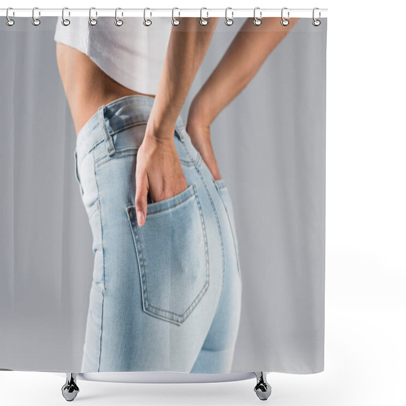 Personality  Cropped View Of Stylish Woman In Jeans With Hands In Pockets Isolated On Grey Shower Curtains