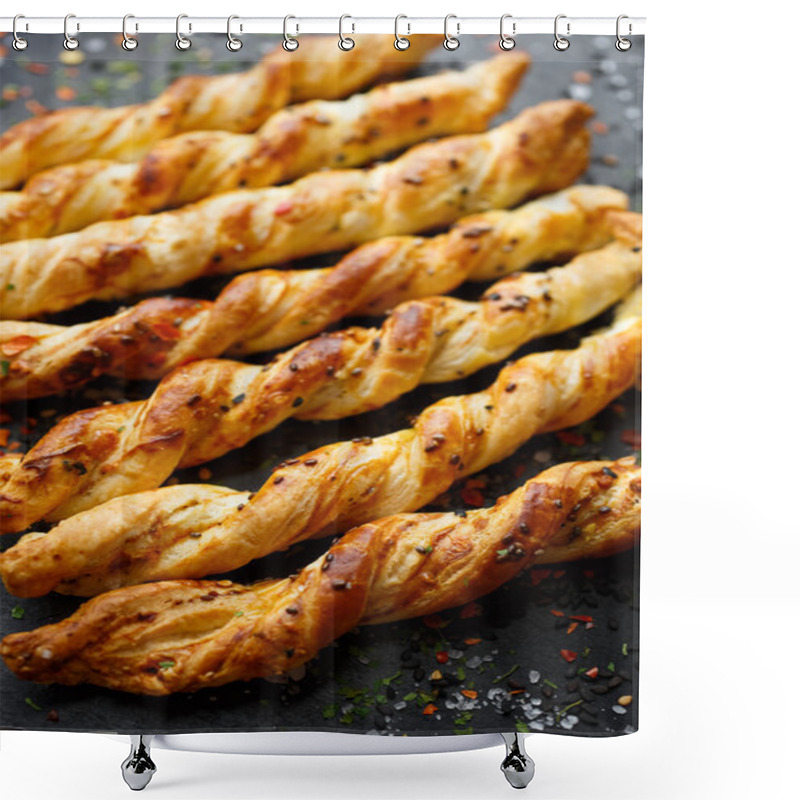 Personality  Sticks With Puff Pastry With Cheese And Chia Seeds. Delicious Finger Food Shower Curtains