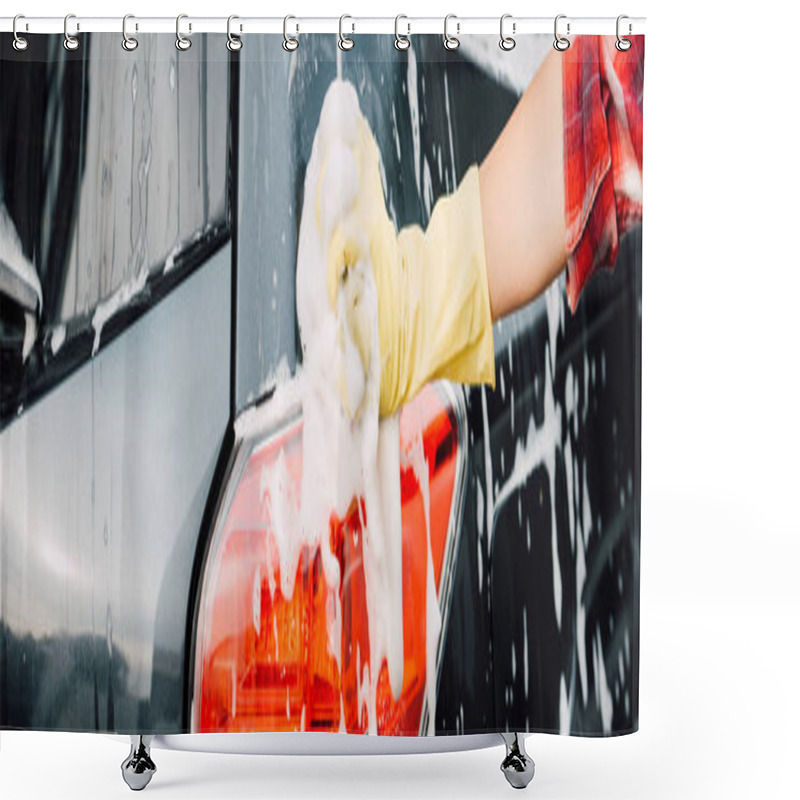 Personality  Panoramic Shot Of Girl In Latex Glove Near Wet Car In Foam  Shower Curtains