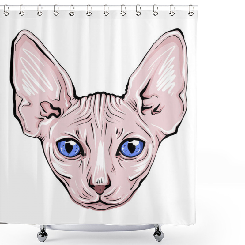 Personality  Colorful Portrait Of A Cat Muzzle. Cat Portrait Beautiful Eyes Minimalistic Graphic Illustration. Hand-drawn Vector Portrait Of A Cat. Feline Fluffy Portrait Of A Thoroughbred Pet. Sphinx Cat Shower Curtains