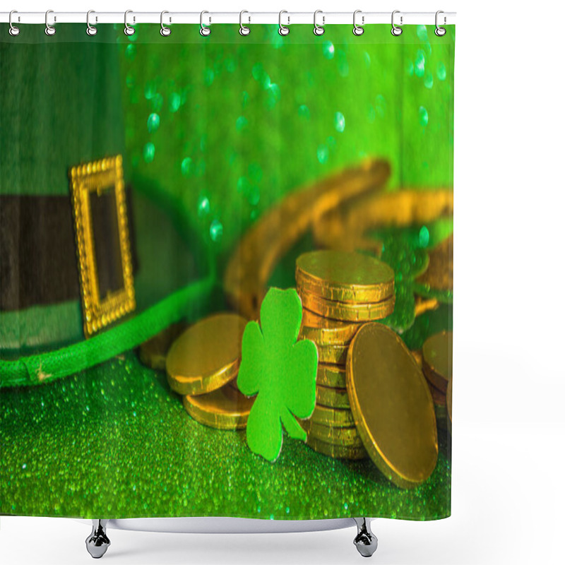 Personality  Saint Patrick's Day Greeting Background. Patrick's Day Sale, Invitations Template, Menu. With Holiday Symbols - Golden Horseshoe, Green Clover, Leprechaun Hat, Gold Coins, Green Bokeh Background Shower Curtains