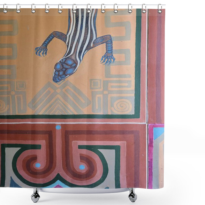 Personality  A Vibrant Mural Of A Blue And White Lizard With Tribal Geometric Patterns Adorns A Wall In Zion, Utah. The Earthy Tones And Intricate Design Celebrate Cultural Heritage And Artistic Expression. Shower Curtains