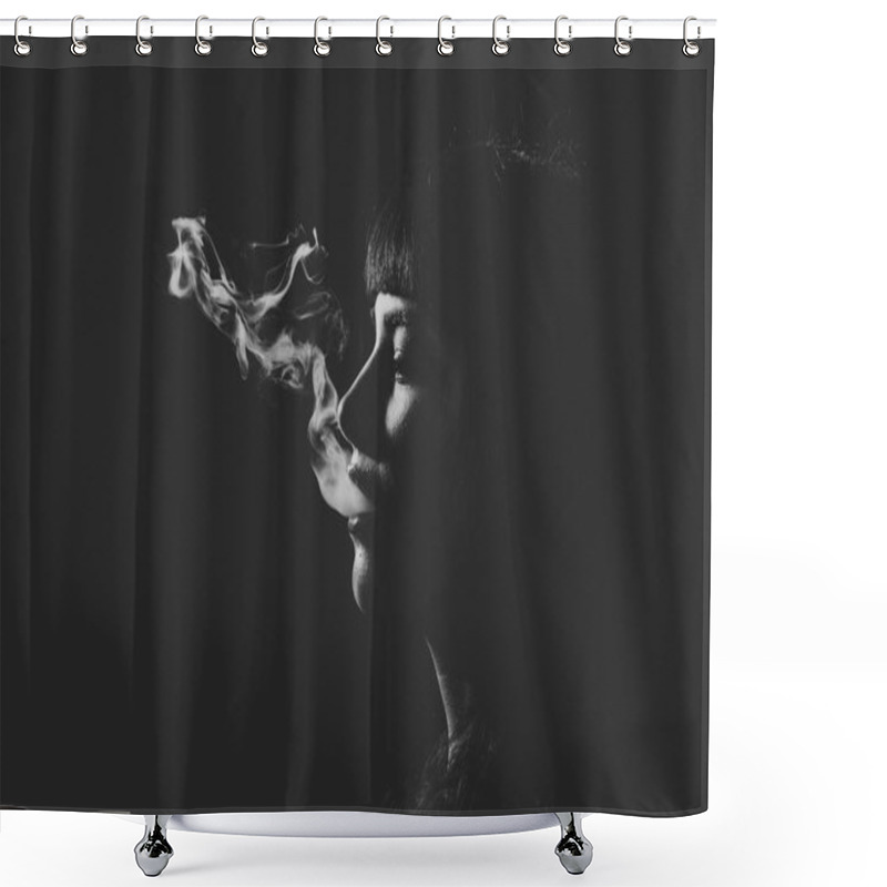 Personality  Womans Head With Smoke In Mouth On Black Background. Shower Curtains