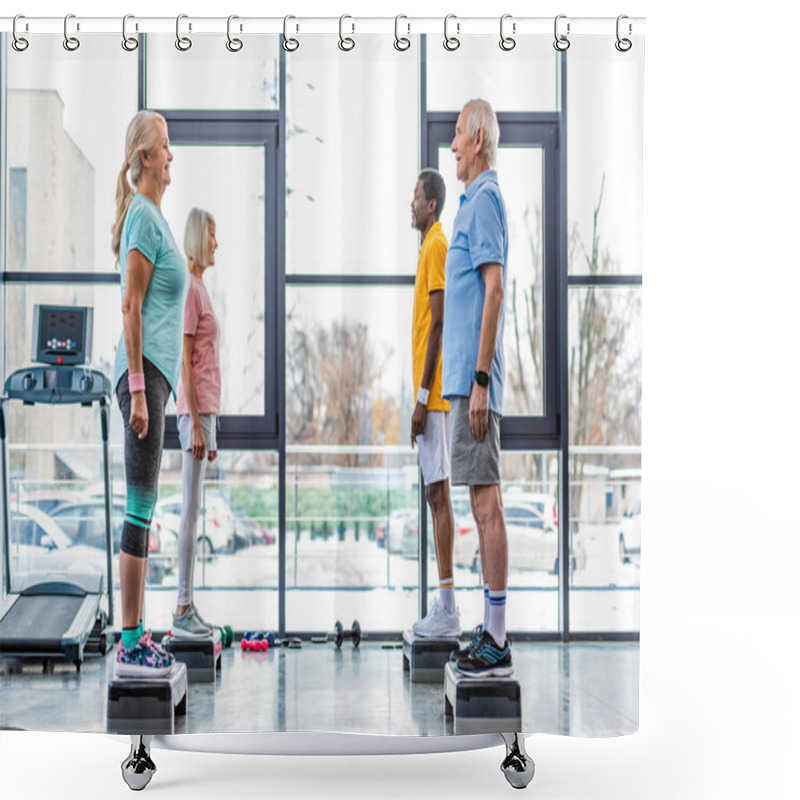 Personality  Side View Of Multicultural Senior Sportspeople Standing On Step Platforms Next To Each Other At Gym Shower Curtains