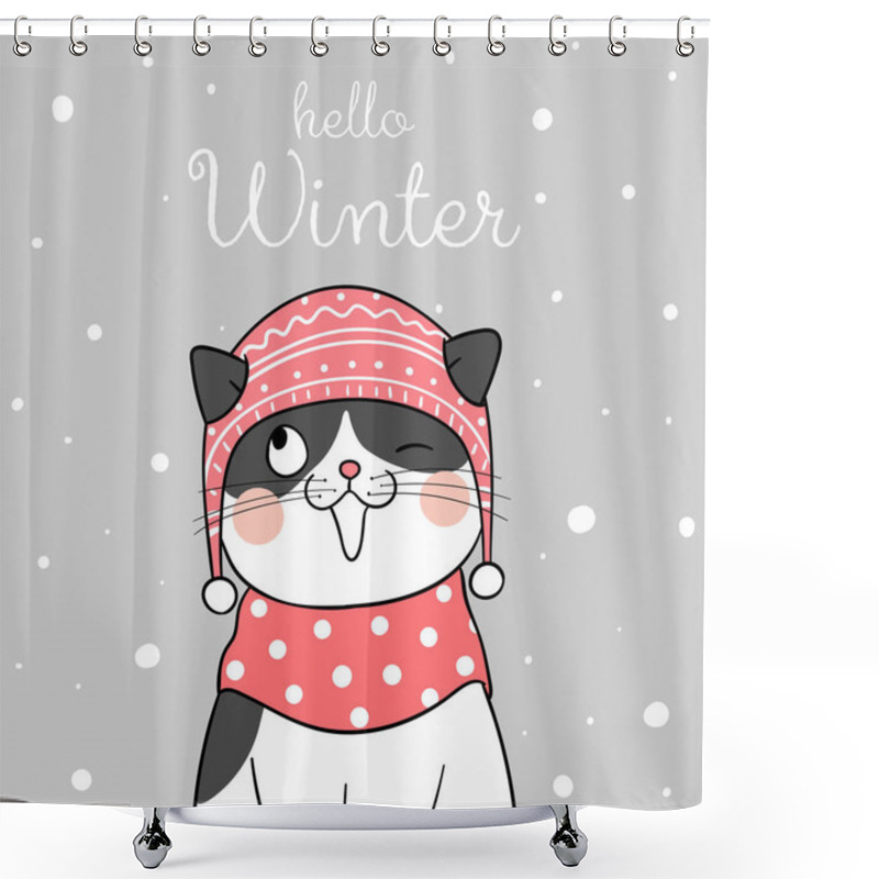 Personality  Merry Christmas Card Template With Cat With Beauty Scarf Shower Curtains