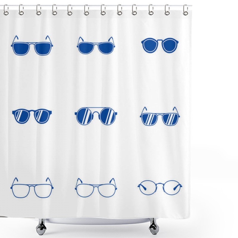 Personality  Set Of Sunglasses Icon Vector Template, Eyeglasses, Geek Glasses Different Model Shapes Vector Silhouettes Icons. Fashion Assortment Eyewear Illustration Shower Curtains