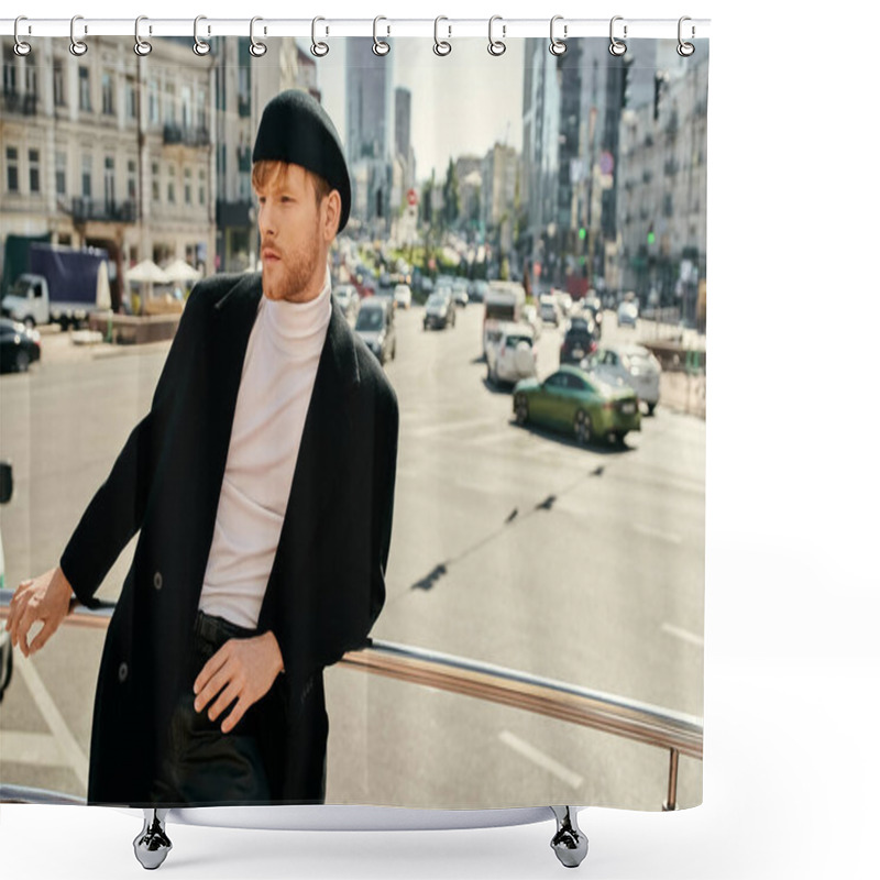 Personality  Red-haired Man In Debonair Attire Leaning On Rail In Urban Setting. Shower Curtains