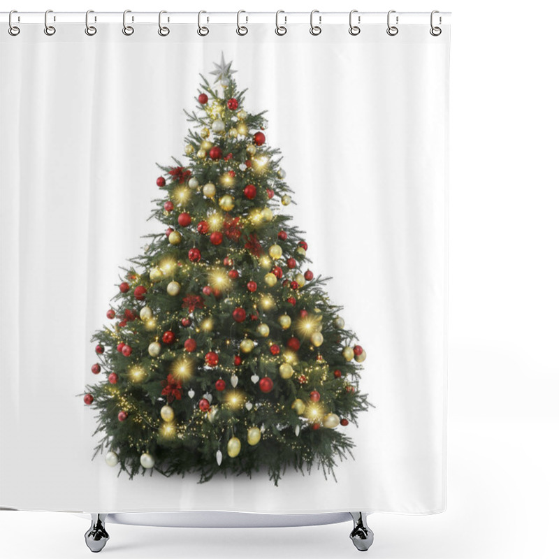 Personality  Christmas Tree Decorated With Ornaments And Festive Lights Isolated On White Shower Curtains