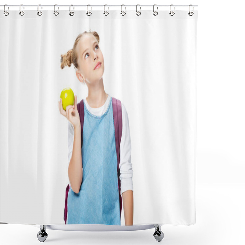 Personality  Schoolchild Holding Apple And Looking Up Isolated On White Shower Curtains