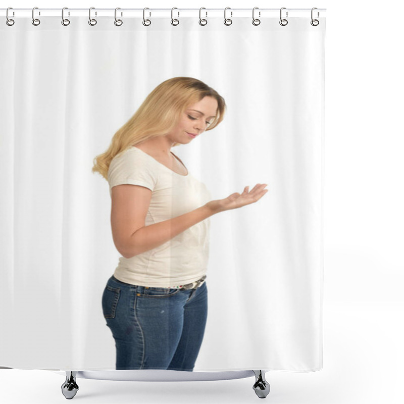 Personality  3/4 Portrait Of Blonde Girl Wearing White Shirt,  Isolated On White Background. Shower Curtains