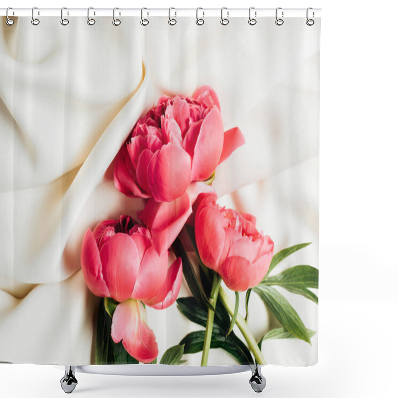 Personality  Top View Of Bouquet Of Pink Peonies On White Cloth Shower Curtains