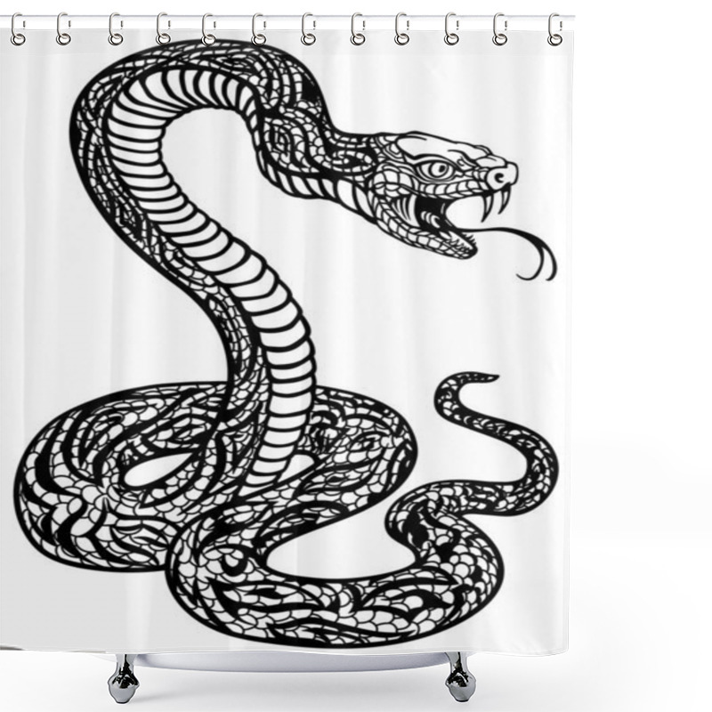 Personality  a poisonous snake in a defensive position. Attacking posture. Black and white tattoo style isolated vector illustration shower curtains