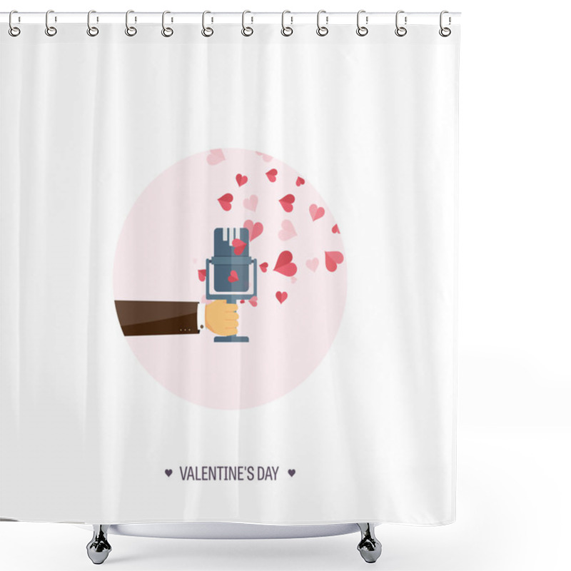 Personality  Vector Illustration. Flat Musical Background With Microphone. Love, Hearts. Valentines Day. Be My Valentine. 14 February. Shower Curtains