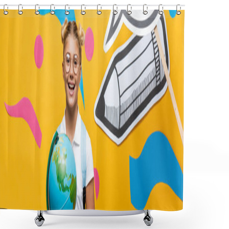 Personality  Horizontal Image Of Schoolkid With Globe Looking At Camera Near Paper Craft On Yellow Background Shower Curtains