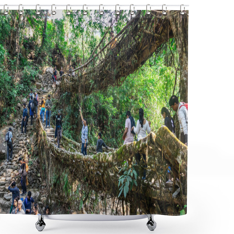 Personality  Double Decker Root Bridge Crowded With Tourist At Morning From Unique Angle Image Is Taken At Double Decker Bridge Cherrapunji Meghalaya India On Apr 03 2022. Shower Curtains