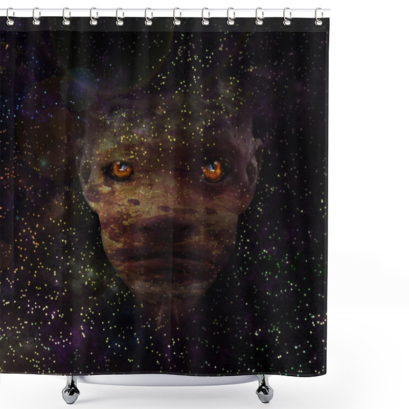 Personality  Surrealism. Face And Cosmos. The Strange Face Of A Mutant, Monster, Alien. Concentration Of A Pandemic, Fear, Horror. Halloween And Horror Concept. Shower Curtains