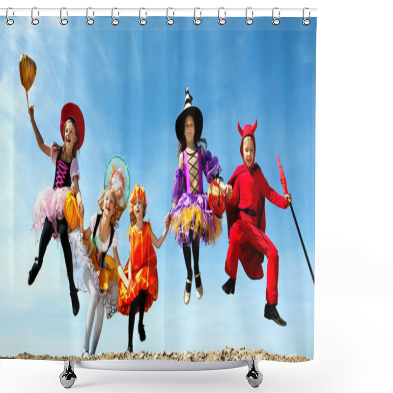 Personality  Five Halloween Children Jumping At The Blue Sky. Shower Curtains