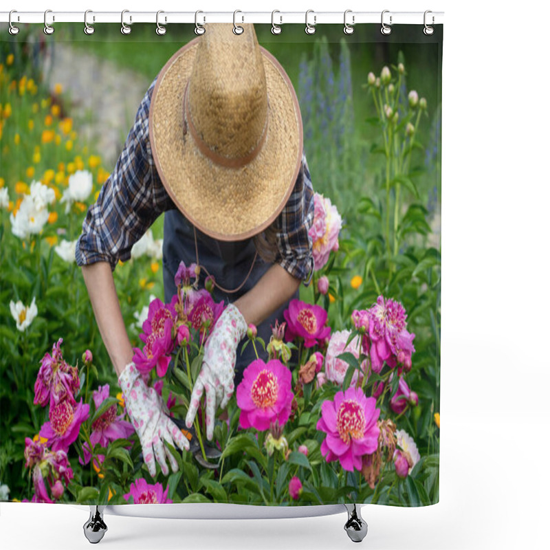 Personality  A Gardener Girl Looks After Bushes Of Lush Pink Peonies. Shower Curtains