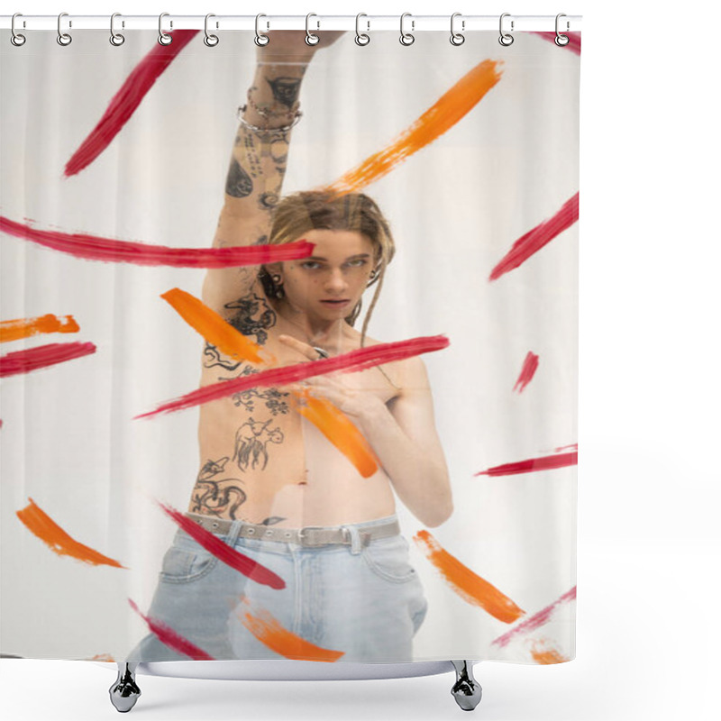 Personality  Shirtless Queer Person With Tattooed Body Posing With Raised Hand Behind Glass With Brush Strokes On White Background Shower Curtains