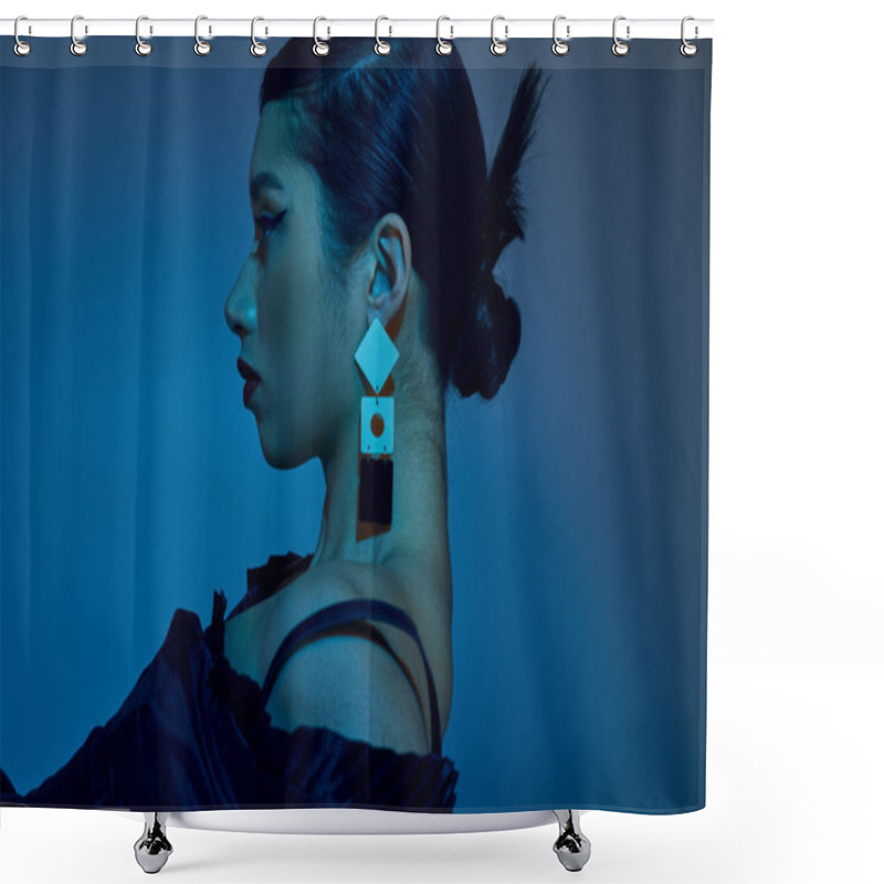 Personality  Spring Fashion Photography, Profile Asian Woman With Brunette Hair, Bold Makeup, Trendy Hairstyle And Earring On Blue Background With Cyan Lighting Effect, Generation Z, Side View  Shower Curtains